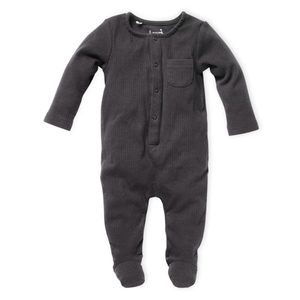 אוברול שרוולים ארוכים לתינוק 100% כותנה עם סגירת חזית נוחה וחפתי כף יד למניעת שריטות במידה 3-6 - אפור כהה