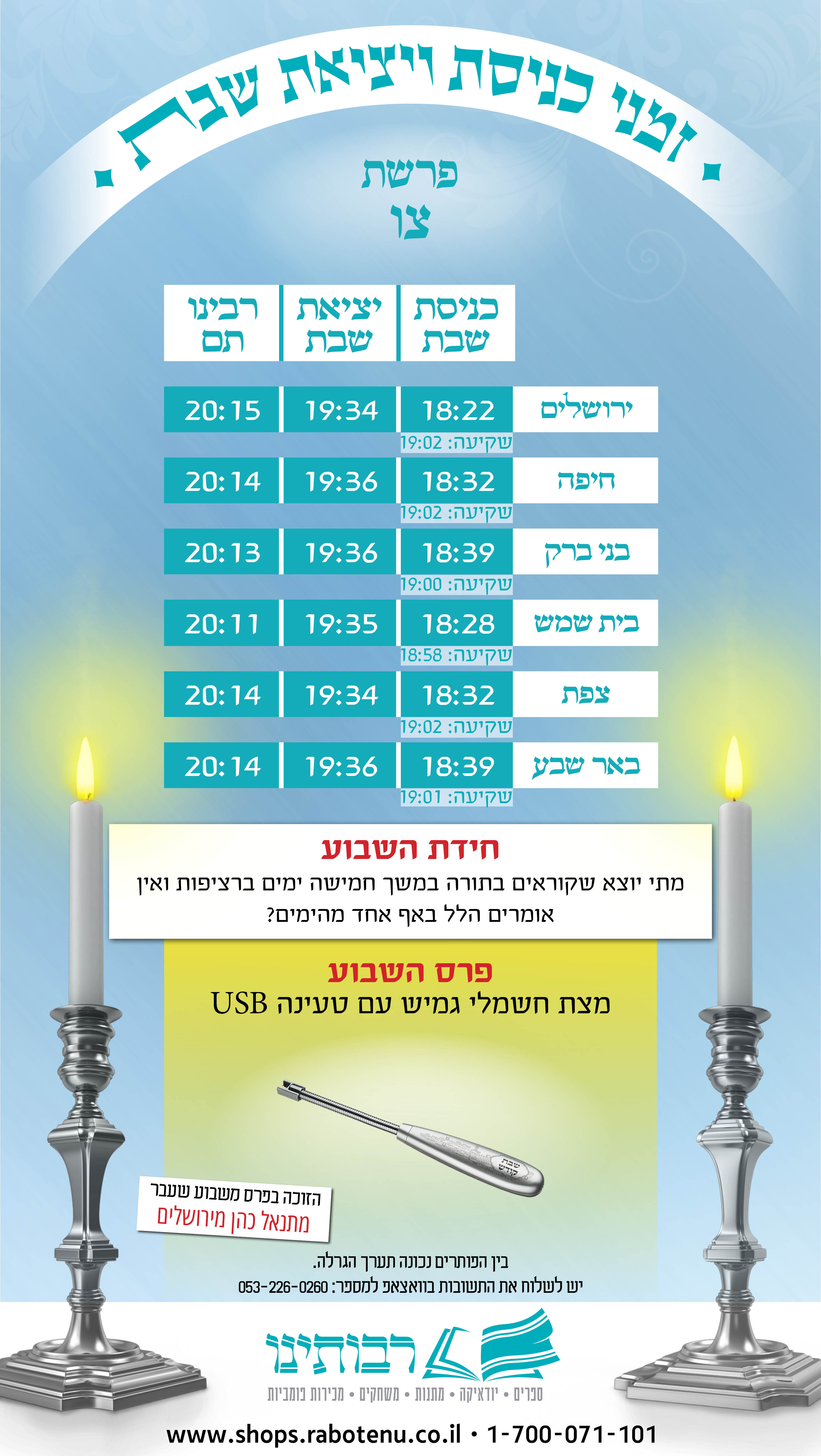 זמני כניסת שבת פרשת צו