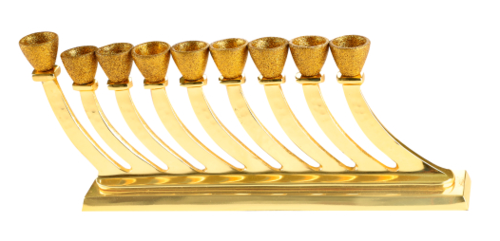 חנוכייה מהודרת מאלומיניום מוזהב מרוקע עם קני זהב