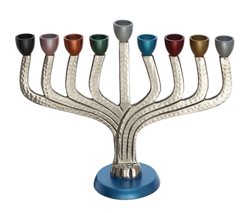 חנוכייה אלומיניום מרוקע עם קנים צבעוניים 26 ס