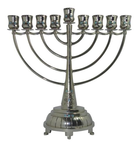 חנוכיה ניקל יהלום ענפים עם אבנים כחולות 28 ס