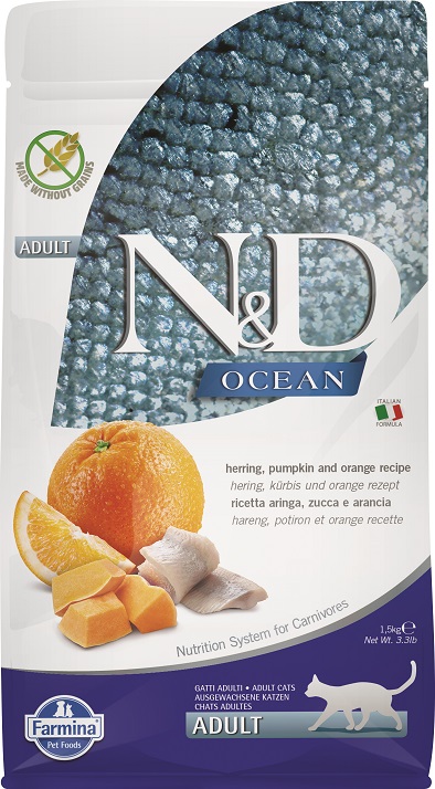 N&D אושן לחתול בוגר 1.5 ק"ג דג הרינג, דלעת ותפוז