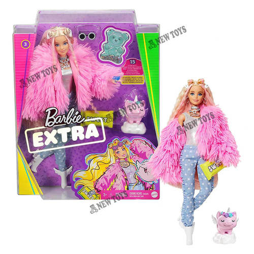 ברבי אקסטרה במעיל ורוד עם חד קרן  -  Barbie Extra Doll in Pink Coat with Pet Unicorn-Pig GRN28