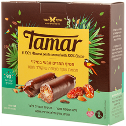 מארז חטיף תמרים במילוי חמאת שקדים בציפוי שוקולד 100% קקאו 6*25 - שקד תבור