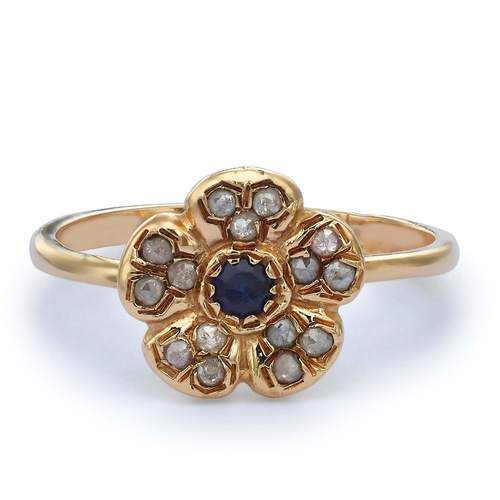 טבעת וינטג' ספיר ויהלומים מזהב 14K