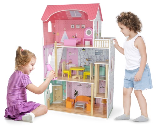 בית בובות גדול, תלת קומתי עם מעלית ו 14 פרטי ריהוט