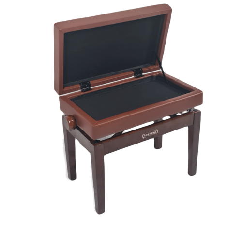 כסא פסנתר מתכוונן עם תא איחסון בצבע וולנט מבריק ומושב דמוי עור בצבע חום כהה עם קפיטונאז' PB7 מבית Legrand