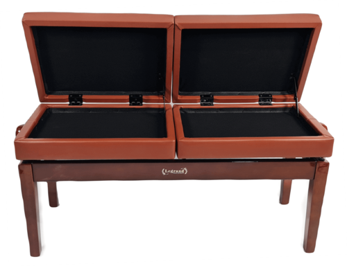 כסא פסנתר מושב כפול מתכוננים עם 2 תאי אחסון בצבע וולנט מבריק PB-26 בעיצוב יוקרתי מבית Legrand