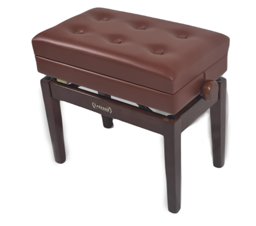 כסא פסנתר מתכוונן עם תא איחסון בצבע וולנט מבריק ומושב דמוי עור בצבע חום כהה עם קפיטונאז' PB7 מבית Legrand
