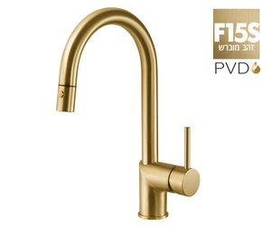 ברז מטבח 304668F15S זהב מוברש PVD נשלף PULL DOWN פיה מסתובבת חמת