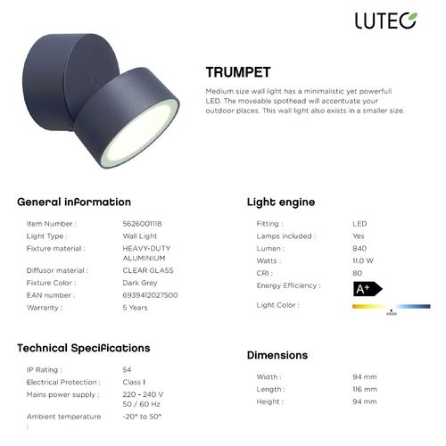 צילינדר מתכוונן 11W טרמפט TRUMPET LUTEC 4K IP54 לוטק