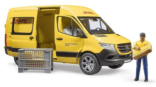 רכב משלוחים DHL מרצדס בנץ ספרינטר צהוב עם דמות ואביזרים