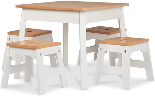 שולחן פעילות ויצירה מעץ מלא - לבן + טבעי