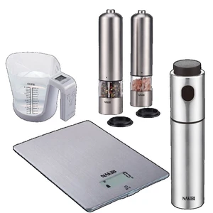 ערכת בישול מקצועית הכוללת מרסס שמן/ חומץ סט מטחנות מלח/ פלפל כוס מדידה דיגיטלית ומשקל מטבח NAKIRI