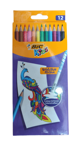 עפרונות צבעוניים עם מחק BIC KIDS - סט 12 צבעים