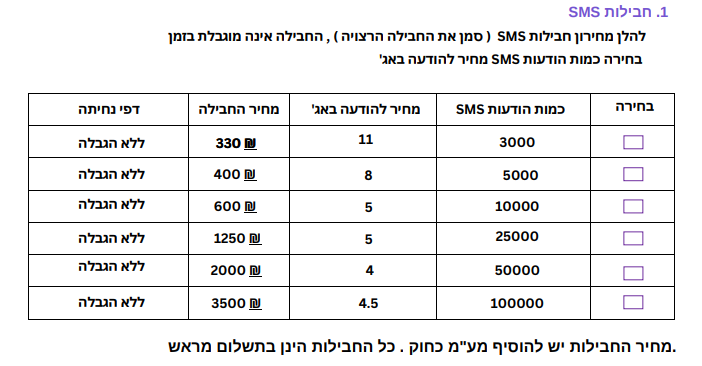 מחירון חבילת SMS