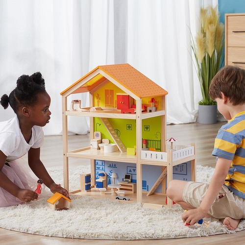 בית בובות פתוח 3 קומות עם מגוון גדול של ריהוט ואביזרים ו 4 בובות Viga ב- 369 ש