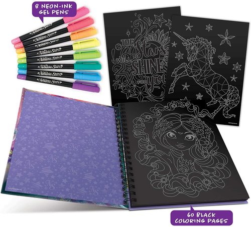חוברת יצירה ייחודית נבולוס עם דפים שחורים ועטי ג'ל ניאון צבעוניים ליצירות מנצנצות