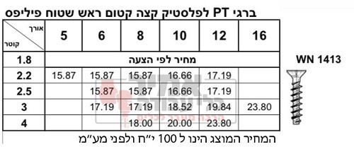 בורג PT לפלסטיק , קצה קטום ראש שטוח פיליפס