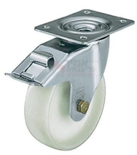 גלגל ניילון 6 לבן כולל פלטה מסתובבת ומעצור לעומס 200 קג