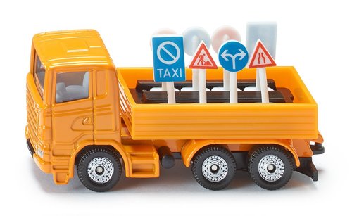 מכונית diecast ממתכת - משאית תחזוקה כתומה עם תמרורים נשלפים