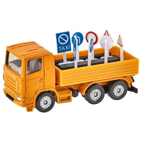 מכונית diecast ממתכת - משאית תחזוקה כתומה עם תמרורים נשלפים