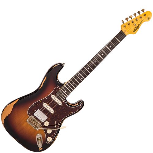 זוית נוספת Vintage V6H ICON HSS Electric Guitar ~ Ultra-Gloss Distressed Sunset Sunburst