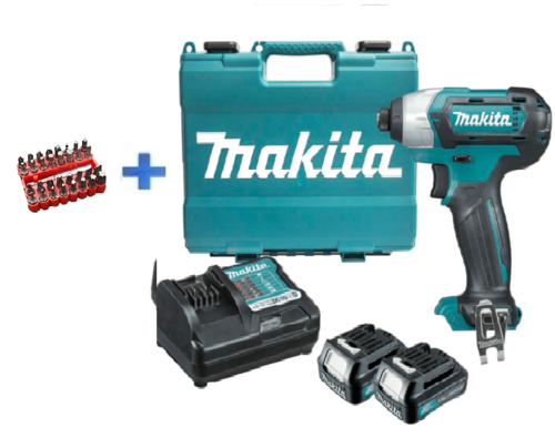מברגת אימפקט 12V כולל 2 סוללות ומטען TD110DWYE+סט ביטים MAKITA