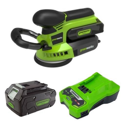 מלטשת אקצנטרית GREENWORKS 24V בצבע ירוק-שחור עם דיסק 5