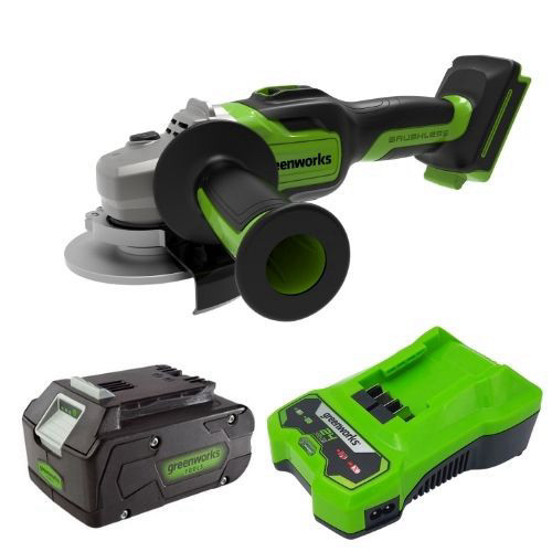משחזת זווית GREENWORKS 24V Brushless דגם 99774-4 משלבת מנוע מתקדם, מבנה אלומיניום וסוללת 4 אמפר לביצועים מקצועיים