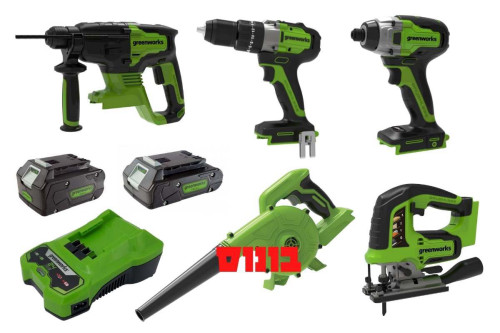 ערכת GREENWORKS 24V משלבת ארבעה כלי Brushless מתקדמים, זוג סוללות ומפוח רב-תכליתי לביצועים מקצועיים מושלמים
