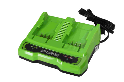 מטען מהיר כפול GREENWORKS 24V דגם 99594 משלב שני תאי טעינה מקבילים ומערכות הגנה מתקדמות לטעינה מקצועית יעילה