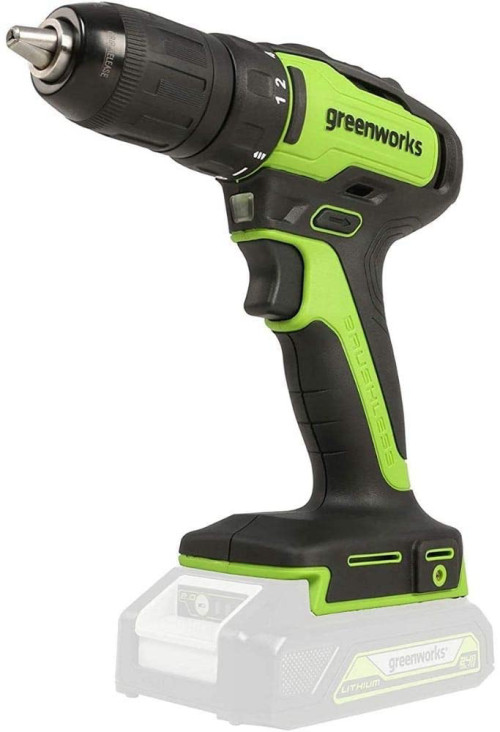 מקדחה/מברגה GREENWORKS 24V בראשלס דגם 99575/6 עם מומנט 35Nm, מערכת הילוכים כפולה ואחיזה ארגונומית לשימוש מקצועי