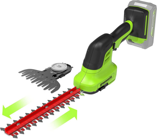 מגזמת שיחים וקוצץ שוליים GREENWORKS 24V דגם G24SHT עם מערכת להבים כפולה לגיזום מדויק