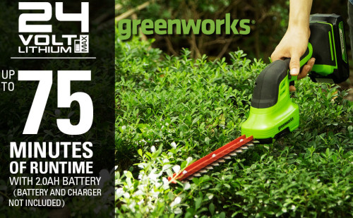 מגזמת שיחים וקוצץ שוליים GREENWORKS 24V דגם G24SHT עם מערכת להבים כפולה לגיזום מדויק