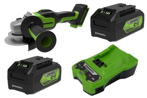 משחזת זווית GREENWORKS 24V דגם 99774-8 מקצועית עם מנוע Brushless, 2 סוללות 5.0Ah ומטען מהיר