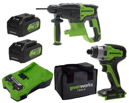 צמד כלים GREENWORKS 24V נטען הכולל פטישון 4J ומברגת אימפקט 300Nm עם 2 סוללות 5 אמפר דור 2 לעבודה מקצועית