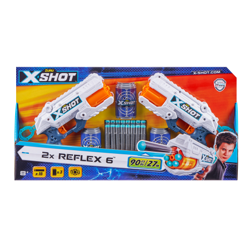 מארז שני אקדחי אקס שוט Reflex כולל 16 חיצים ושלוש פחיות מטרה לאימונים