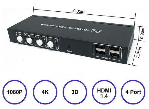 קופסת מיתוג KVM מ-4 מחשבים לעמדת עבודה אחת 4K HDMI + USB