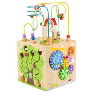 קוביית פעילות מעץ 5 ב 1 עם מבוך חרוזים, התאם צורה וגלגלי שיניים