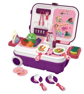 מזוודת טרולי על גלגלים עם ידית נשלפת הנפתחת לכיור עם בארז כולל כלי מטבח - נסיכות