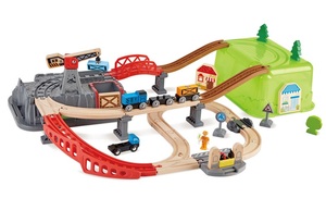 סט מסילות רכבת מתקדם עם גשרים, מנוף ומגוון אביזרים 50 חלקים בקופסת אחסון