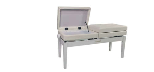 כסא פסנתר מושב כפול מתכוננים עם 2 תאי אחסון בצבע לבן מבריק PB-26 בעיצוב יוקרתי מבית Legrand