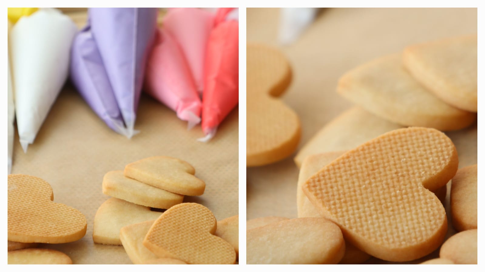 עוגיות בצורת לב עם שקיות זילוף ממולאות בקרם רויאל איסינג .