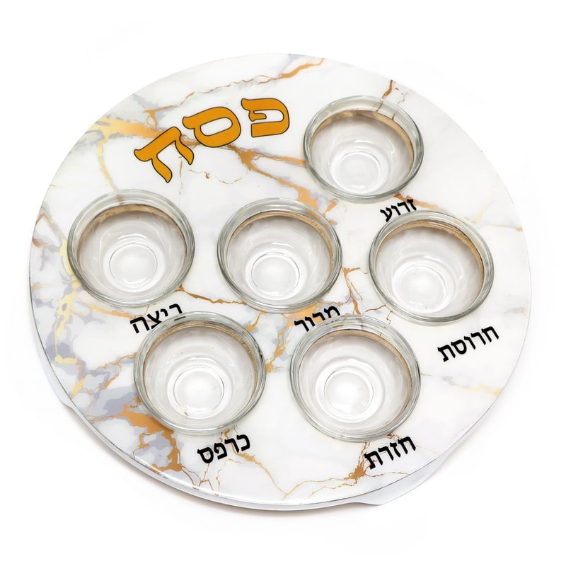 קערה לפסח אלומיניום שיש לבן וזהב 31 ס"מ