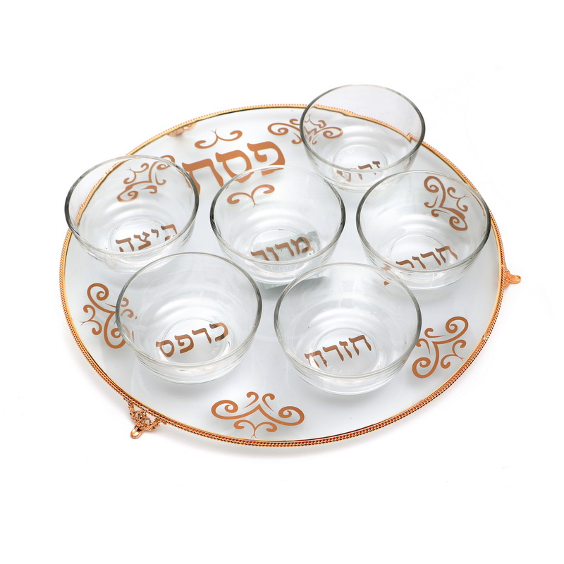 קערה לפסח זכוכית עגולה זהב עם רגליות 41 ס"מ