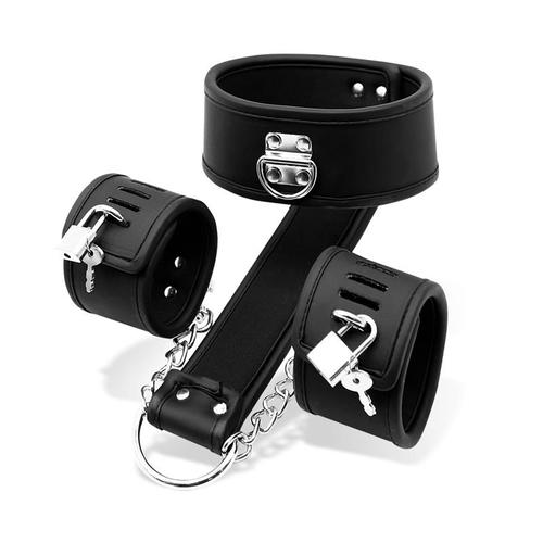 קולר דמוי עור טבעוני לצוואר עם סט אזיקים Intoyou - Collar and Hand Cuffs Set Vegan Leather
