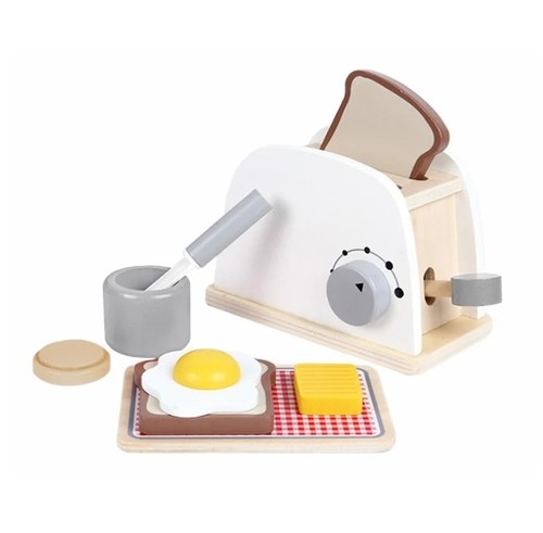 ערכה להכנת טוסט הכוללת מצנם, מגש, שתי פרוסות, לחם, חמאה, ביצת עין וכלי מלח