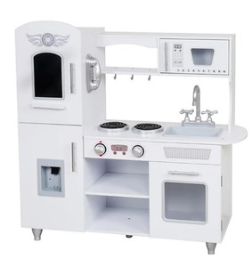מטבח לילדים מעץ בצבע לבן עם מקרר מקפיא תחתון עם מתקן למים מובנה, תנור, מיקרוגל, כיריים וטלפון קיר - אילון