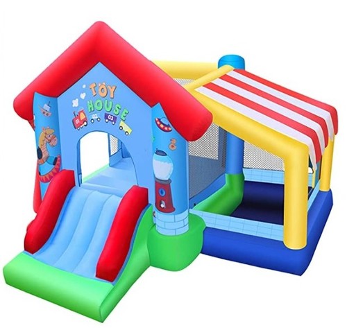 מתנפח עם ארבעה עמודים, רשת היקפית, מגלשה ובריכת כדורים, כולל מפוח ותיק אחסון - בית הצעצוע